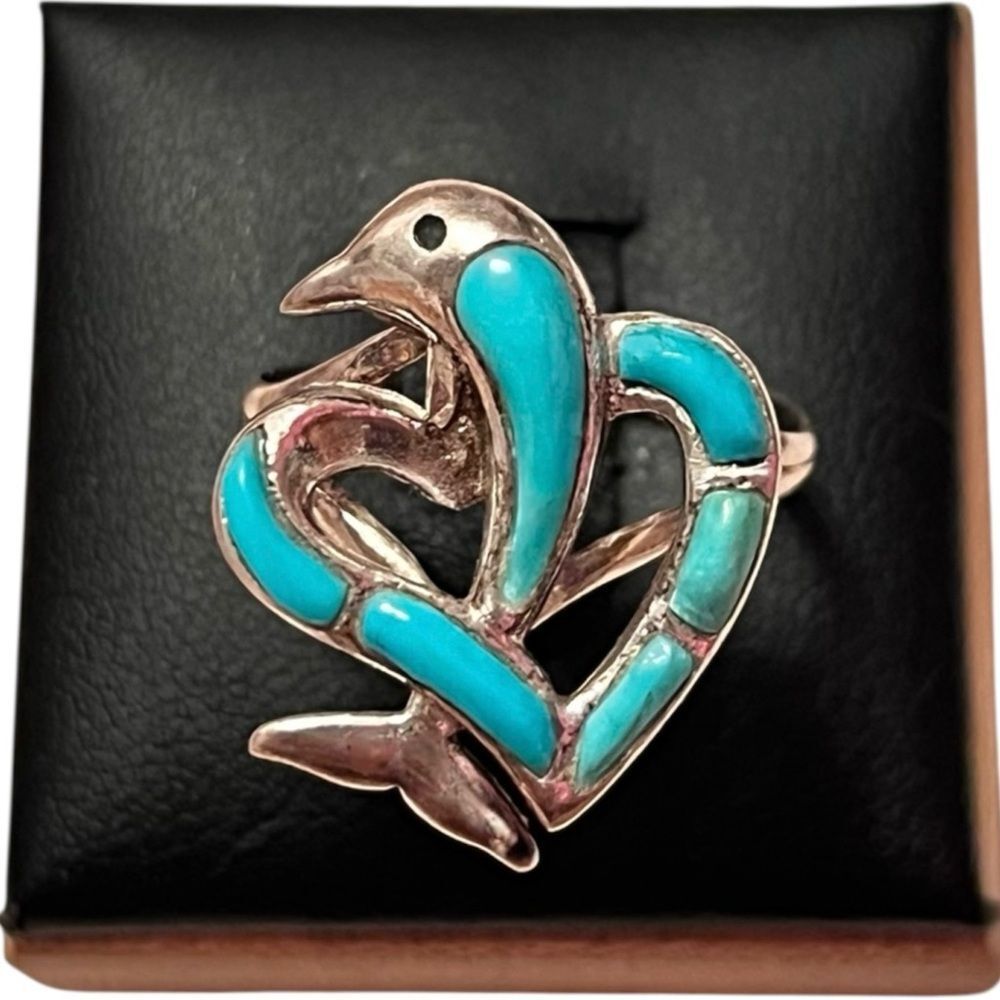 Vintage Native American Sterling Silver Dolphin Heart Turquoise Ring Size 7.75